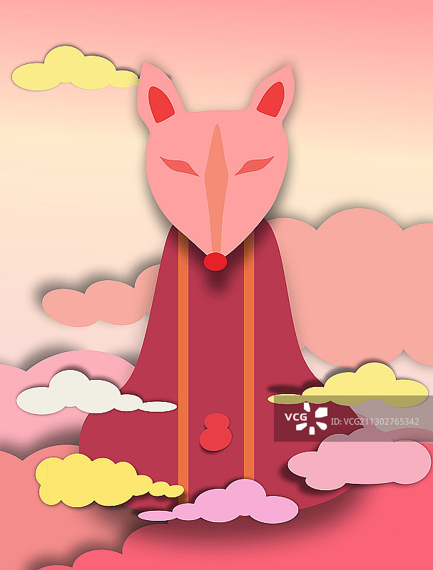 剪纸风格裱框狐狸宗教国风佛像奇异山海经插画背景素材图片素材