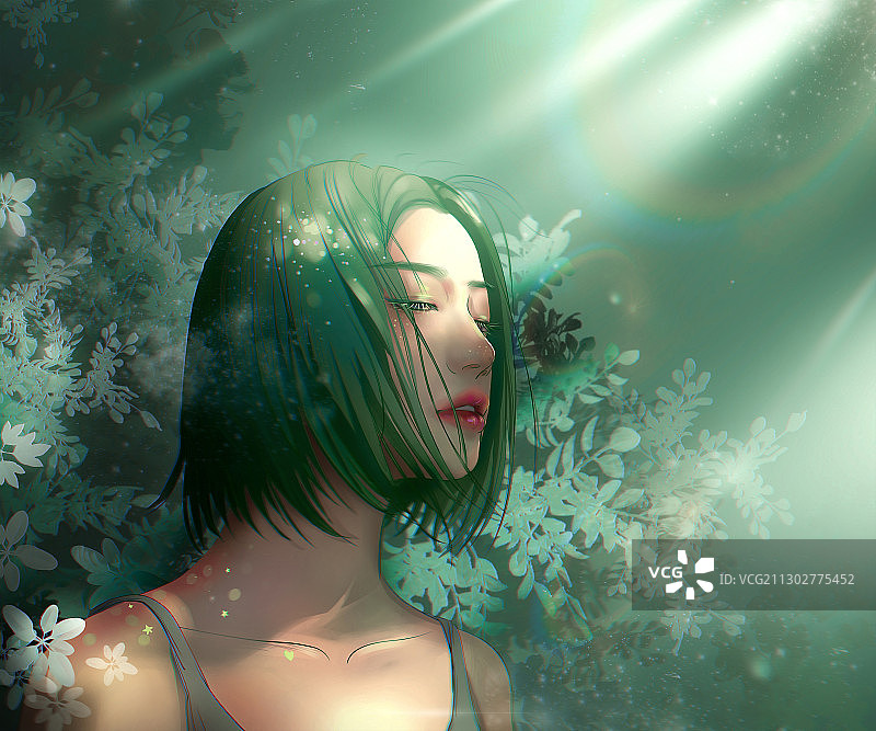 绿色背景 少女心绿色短发少女侧面动漫二次元插画图片素材