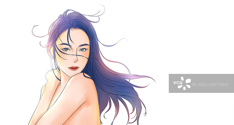 白色背景长发美女头发飘扬柔顺插画图片素材