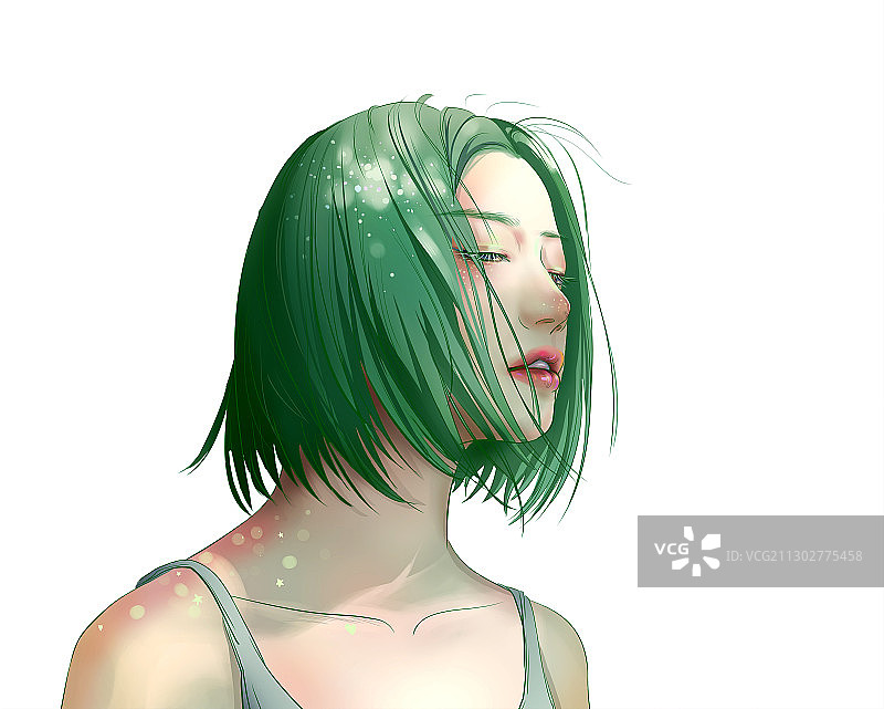 少女心绿色短发少女侧面动漫二次元插画素材背景图片素材