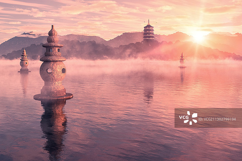 西湖三潭印月和雷峰夕照图片素材