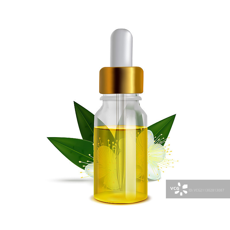香桃木精油瓶与鲜花绿叶图片素材
