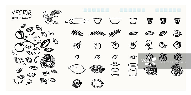 手绘复古厨房食物套装图片素材
