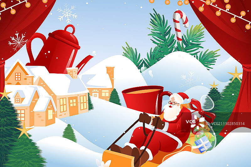卡通圣诞节圣诞礼物情侣儿童可爱圣诞老人派送电商活动矢量插画图片素材