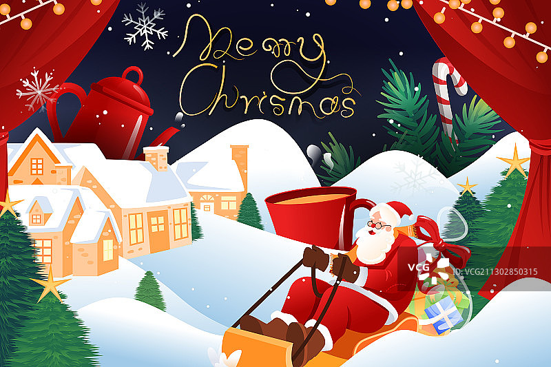 卡通圣诞节圣诞礼物情侣儿童可爱圣诞老人派送电商活动矢量插画图片素材