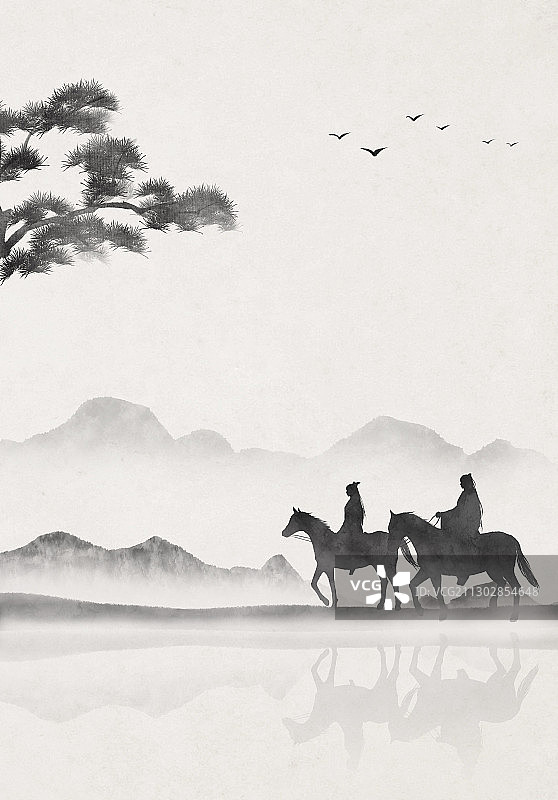 古风情侣河边散步插画图片素材