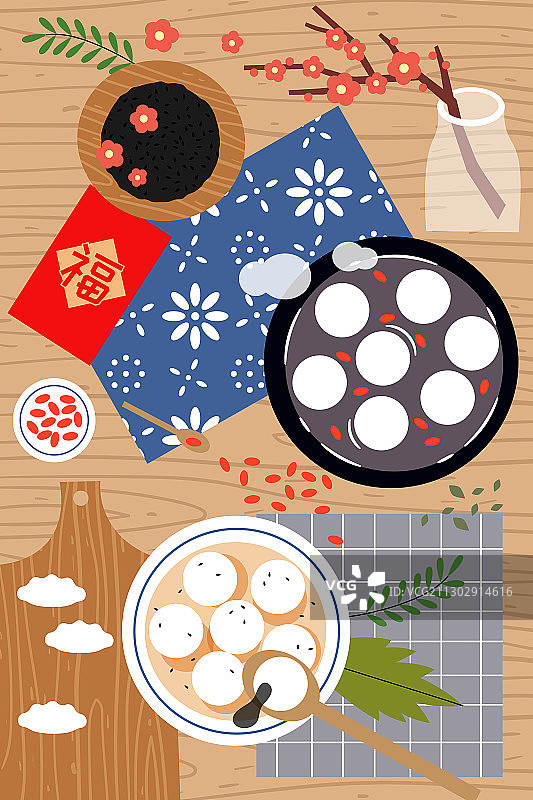 元宵团圆佳节汤圆梅花饺子木桌背景插画图片素材