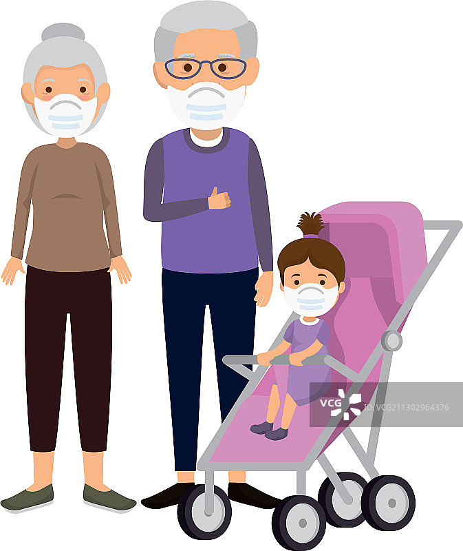 与使用面膜的孙女在一起的祖父母图片素材