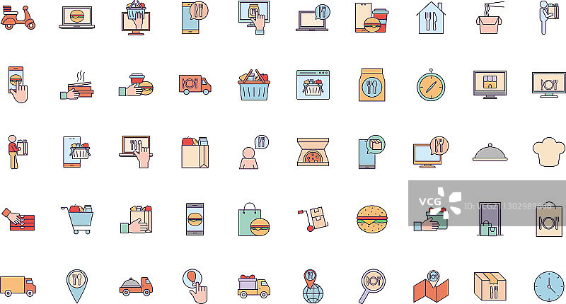 食品配送线性填充风格图标集图片素材