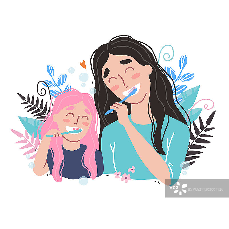 母亲和女儿快乐地刷牙图片素材
