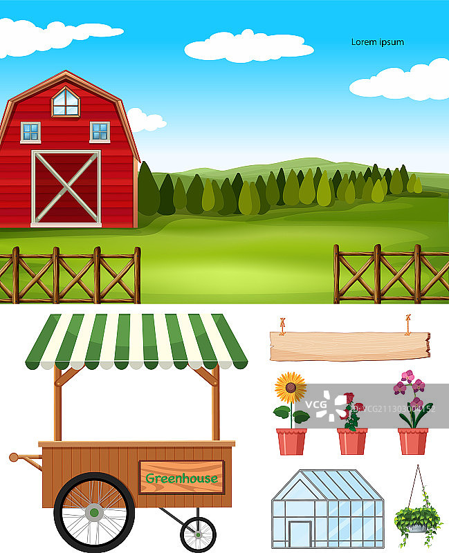 带有谷仓和其他农场物品的农场场景图片素材