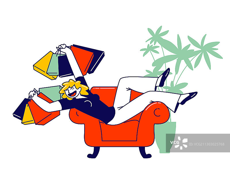 年轻购物狂躺在扶手椅上图片素材