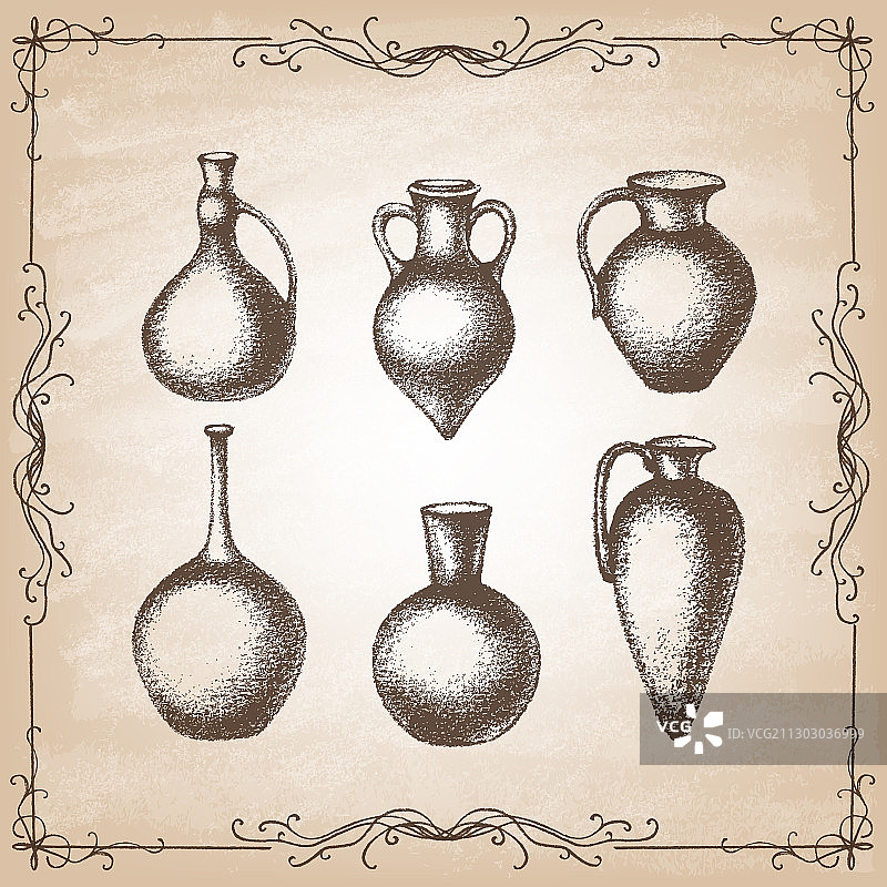 复古背景上手绘双耳细颈罐合集图片素材