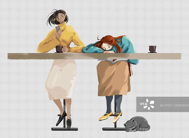 秋季时尚少女姐妹下午茶咖啡时光插画图片素材