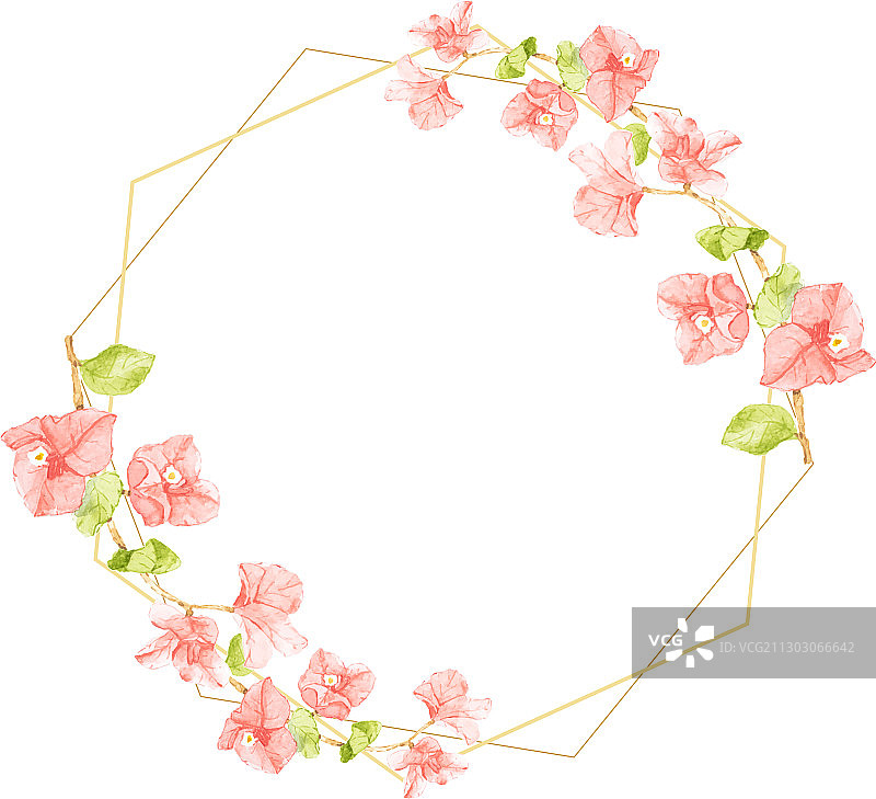 水彩粉色三角梅金色花环图片素材