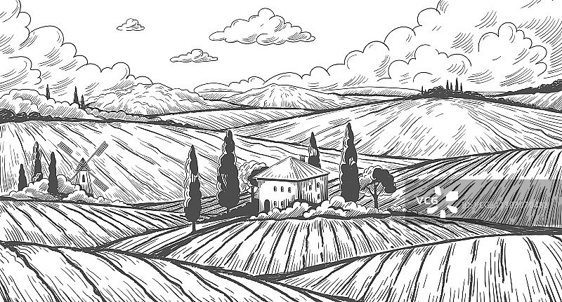 乡村雕刻复古风景素描图片素材