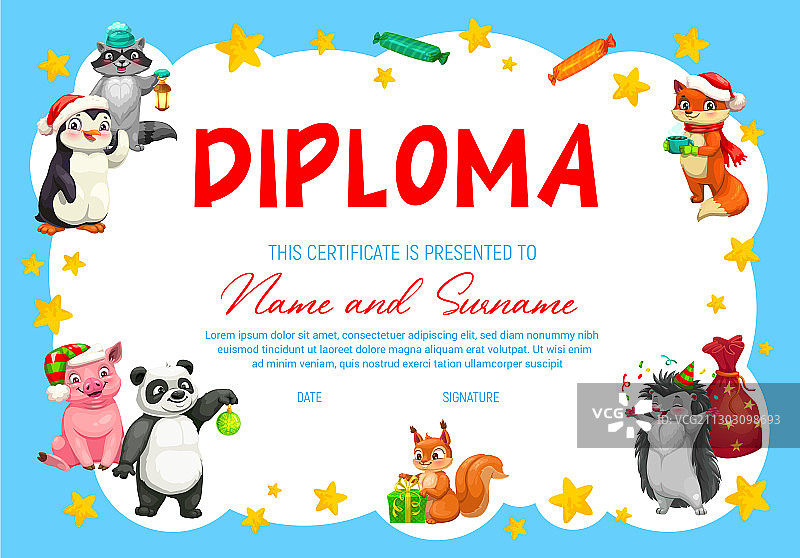 带可爱动物的幼儿园毕业证书图片素材