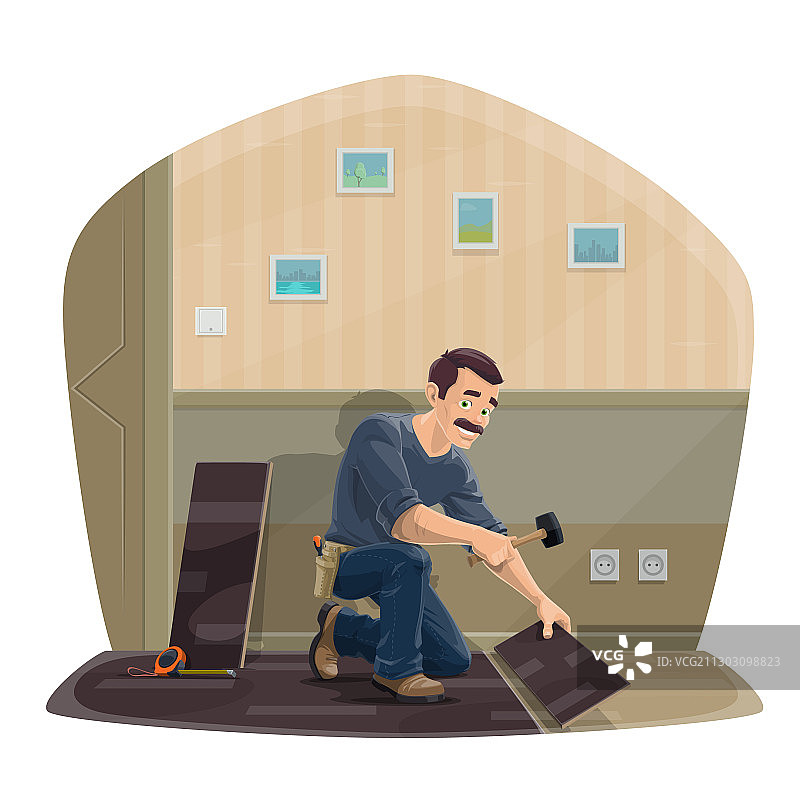 使用工具的强化地板服务工人图片素材