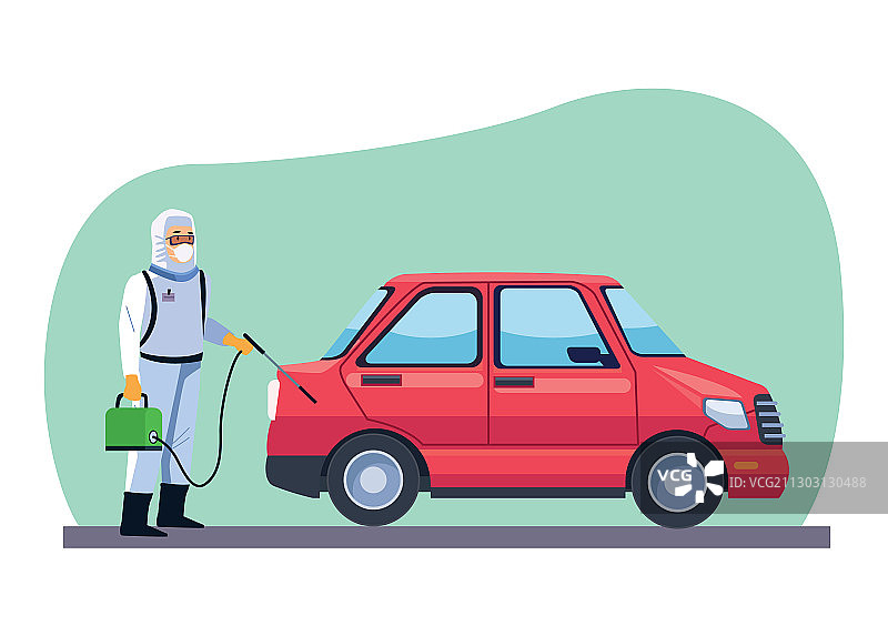 生物安全工作人员对汽车进行COVID-19消毒图片素材