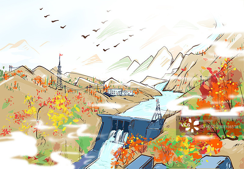 艺术插画画法秋季水电站大坝的水力发电站图片素材
