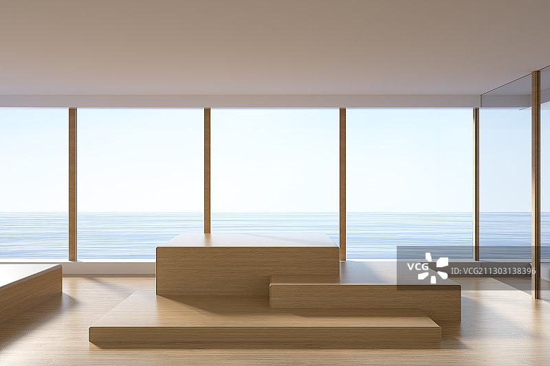 海边带有落地窗的房间，三维图形图片素材
