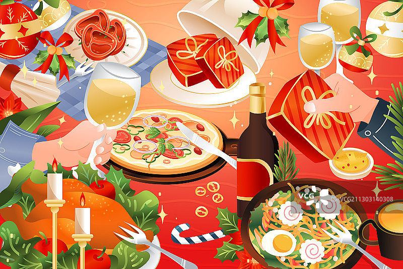 卡通圣诞节平安夜圣诞礼物美食餐饮庆祝西餐吃饭渐变3D矢量插画图片素材