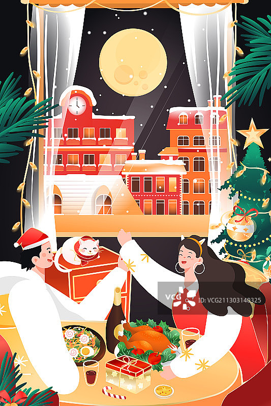 卡通圣诞节平安夜圣诞礼物美食餐饮庆祝情侣浪漫约会吃饭矢量插画图片素材