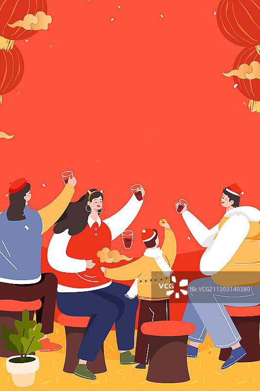卡通年货节新年春节喜庆庆祝百家宴美食邀请好友中国风矢量插画图片素材