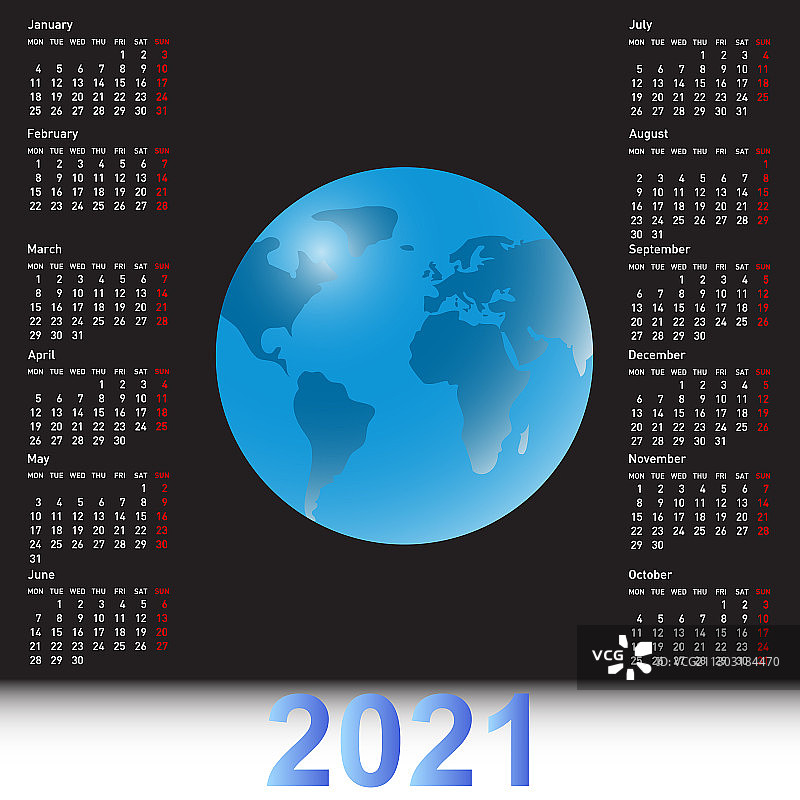 2021年黑色天空地球日历图片素材