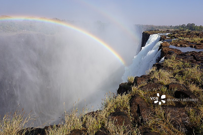 津巴布韦维多利亚瀑布，山脉上空的彩虹美景图片素材