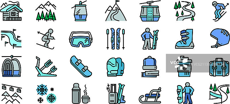 滑雪胜地图标集轮廓风格图片素材