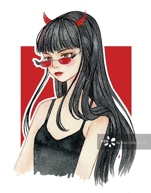 穿着吊带戴着墨镜的时尚少女 水彩手绘插画图片素材