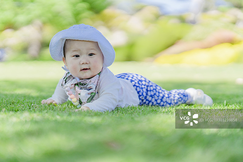 趴在草坪上玩乐的女婴图片素材