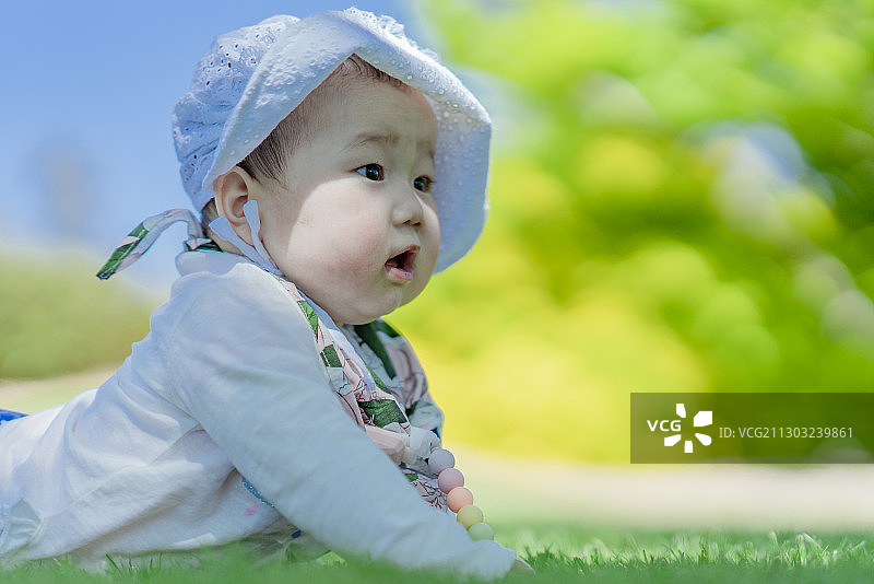 趴在草坪上玩乐的女婴图片素材
