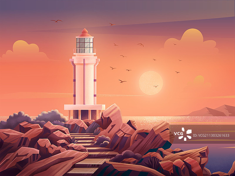 海南自贸港灯塔旅游-海南三亚锦母角灯塔-海南插画海报图片素材