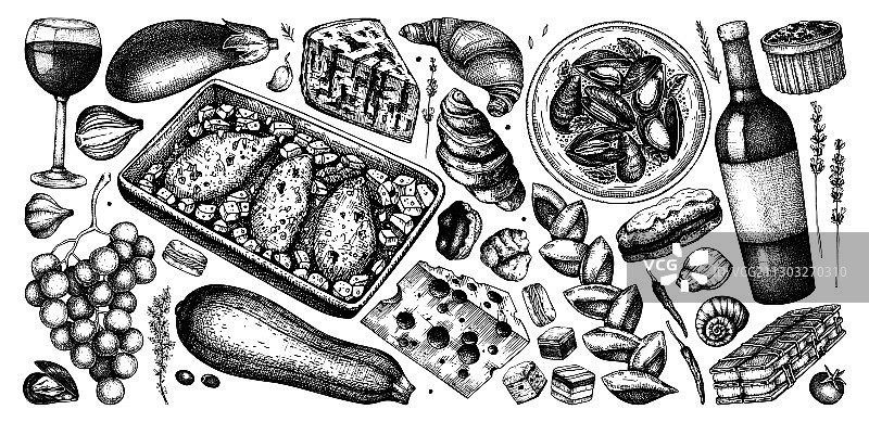 法式食物和饮料手绘素描图片素材