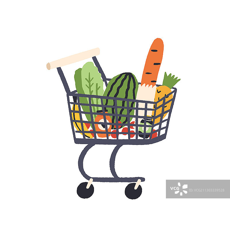卡通装满健康食品的购物手推车图片素材