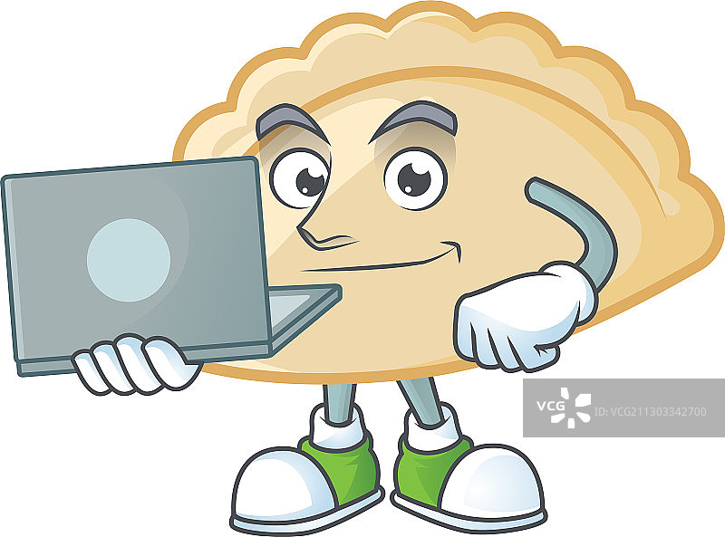 聪明的饺子角色使用笔记本电脑工作图片素材