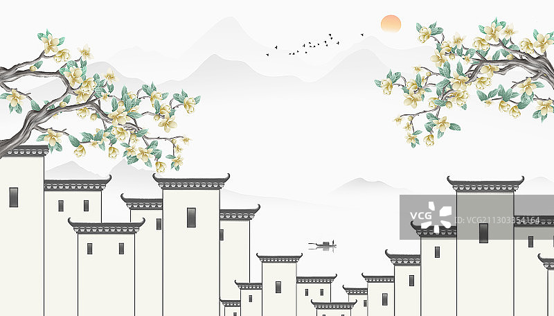 马头墙江南山水画图片素材