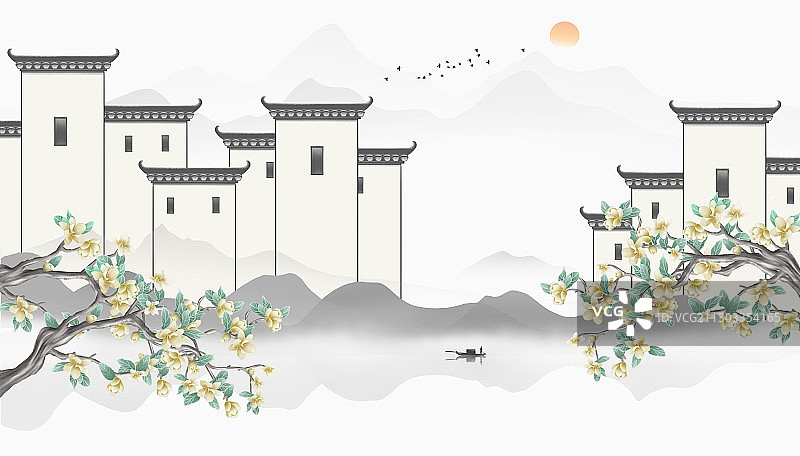 马头墙江南山水画图片素材
