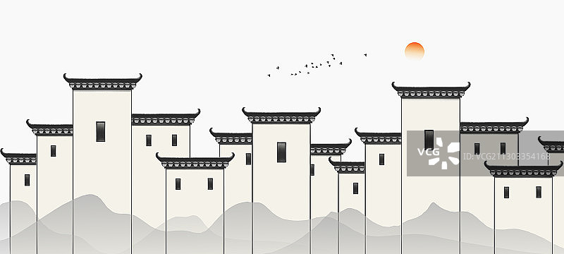 马头墙江南山水画图片素材