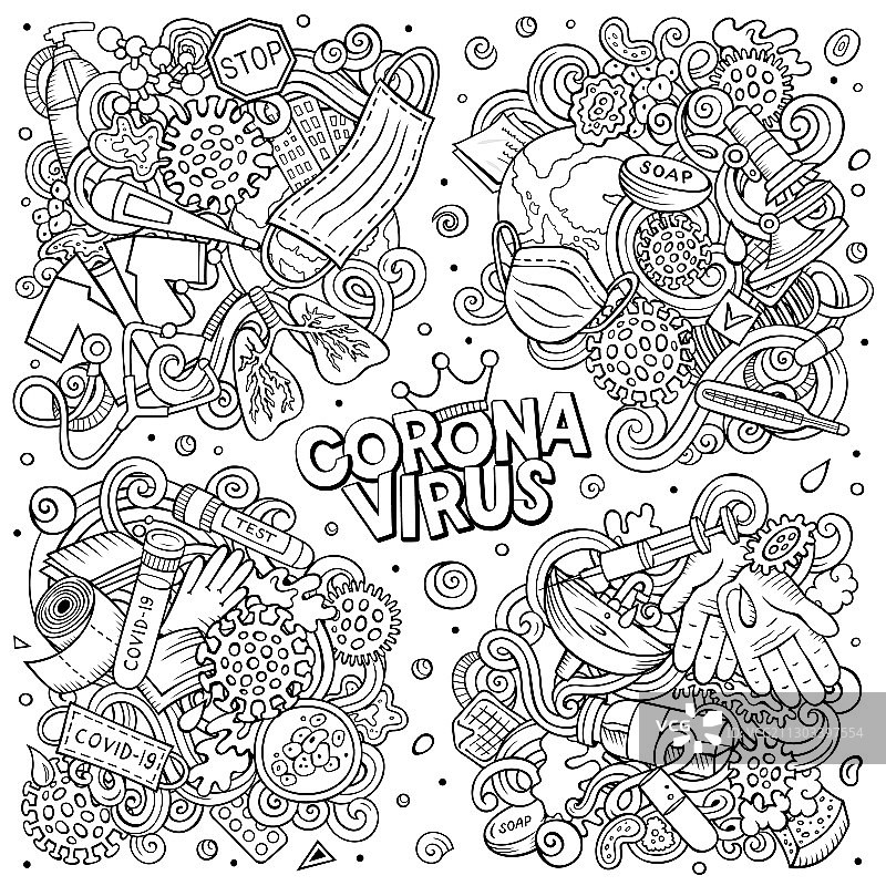 涂鸦卡通新型冠状病毒对象图片素材