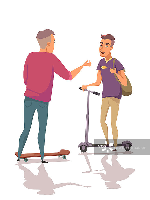 两个骑滑板车的卡通青年男子在交谈图片素材