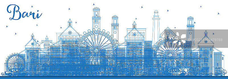 意大利巴里市天际线轮廓，蓝色背景图片素材