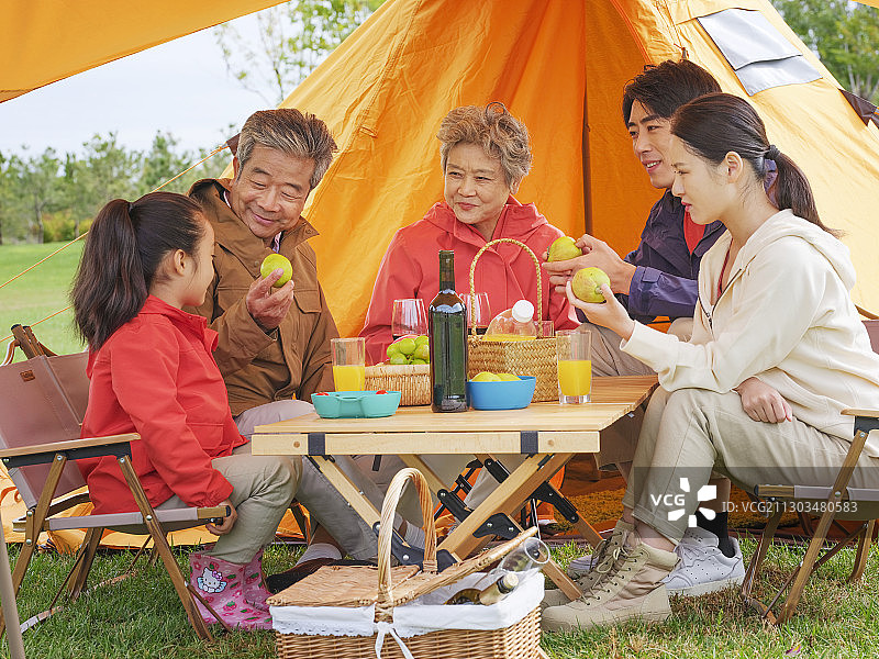 快乐的五口之家在户外野餐图片素材