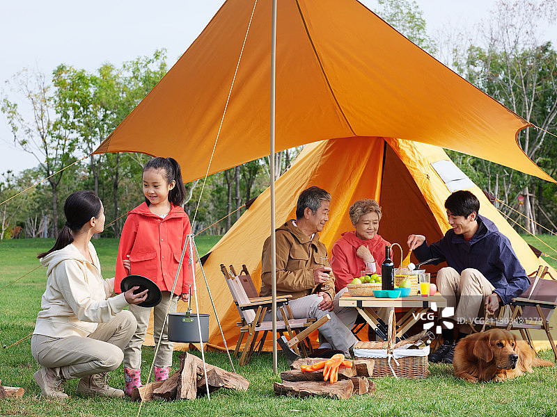 快乐的五口之家和宠物狗在户外野餐图片素材
