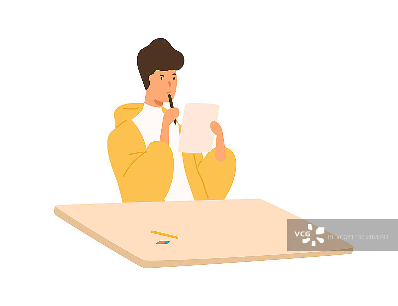 拿着纸和笔沉思的学生图片素材