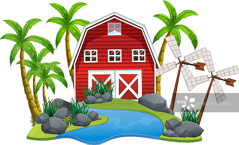 白色背景下的红色谷仓和风车场景图片素材