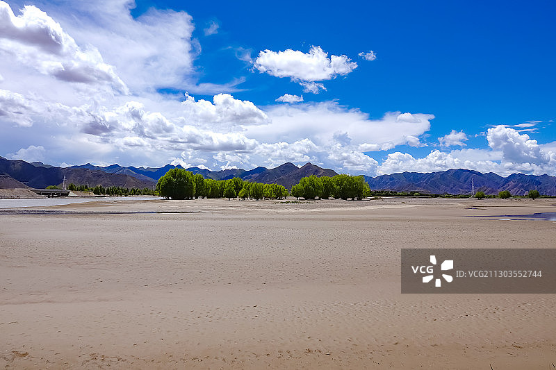 西藏雅鲁藏布江流域：绿洲 防护林 河床图片素材