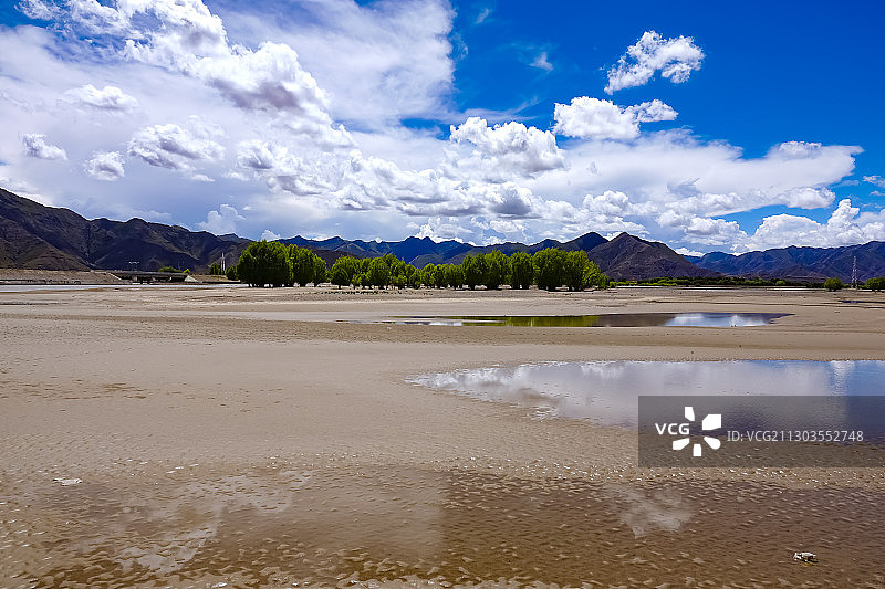 西藏雅鲁藏布江流域：绿洲 防护林 河床图片素材